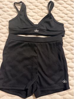 Alo Yoga Women's Black Ribbed Full Zip Hooded Hoodie Logo Athleisure Set Size M