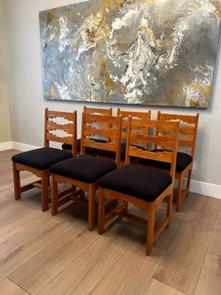 6 Mission Style Pine Wood Ladder Back Dining Chairs w/ Brand New Black Upholstery