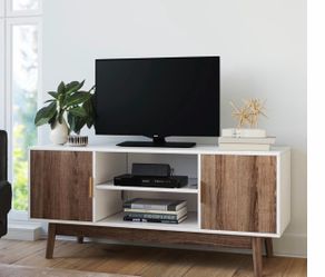 Mid-Century Modern TV Stand / Entertainment Center – White & Wood