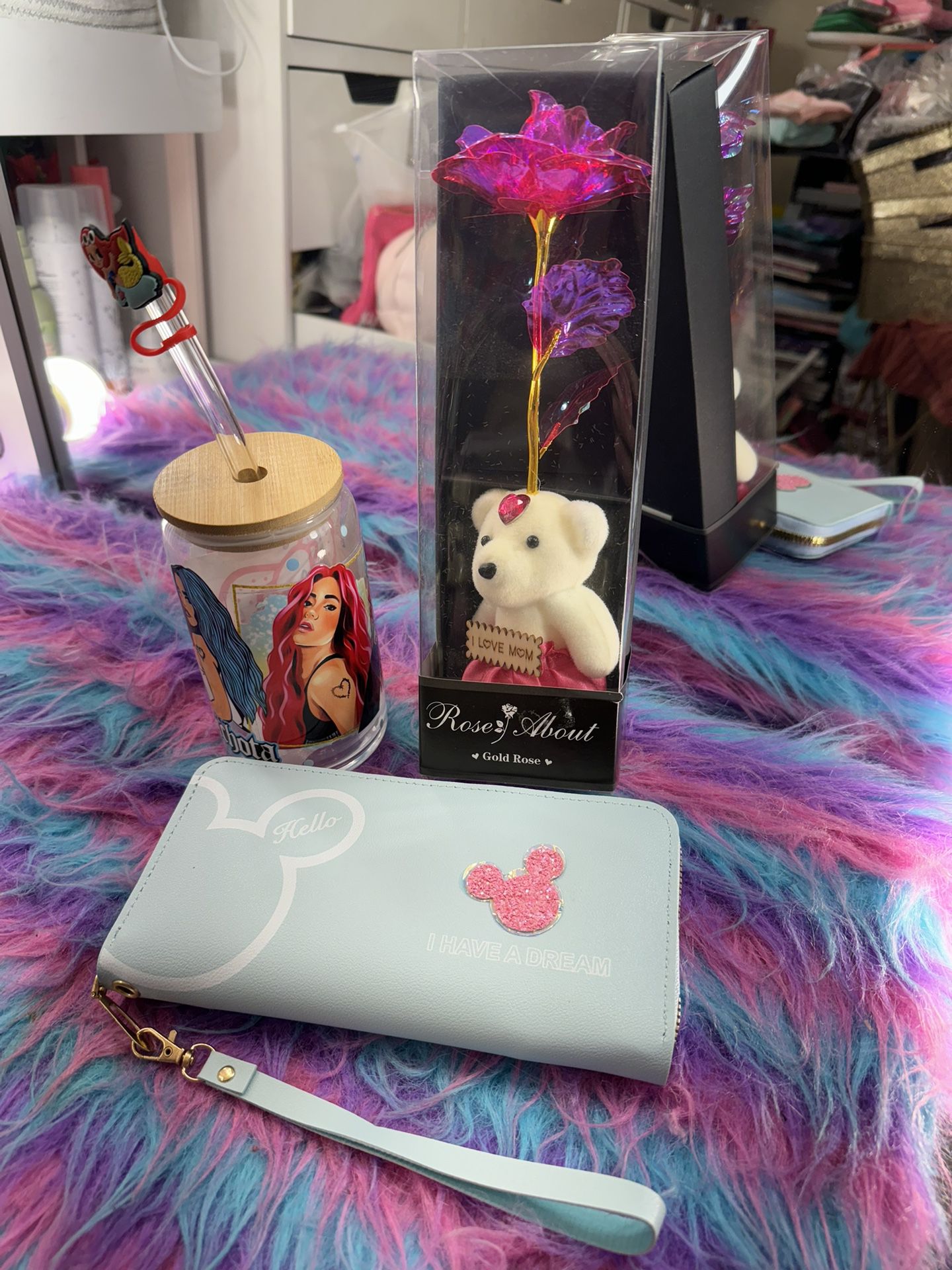 Perfect Bundle Mothers Day Gift 💝 Karol g Glass Cup & Disney Wallet  & Light Rose 🌹 With A Bear 🐻 