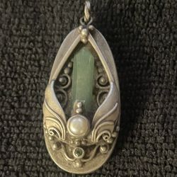 Vintage Sterling Silver Pendant With Jade, Turquoise, And Pearl 