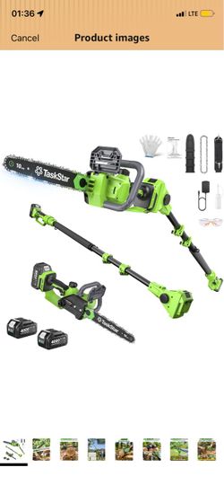 TaskStar 10-Inch 2-in-1 Cordless Pole Saw Tree Trimming, Dual 4Ah Batteries 10-Inch Electric Mini Chainsaw & Extension Pole, 15FT Max Reach, Cuts Thic