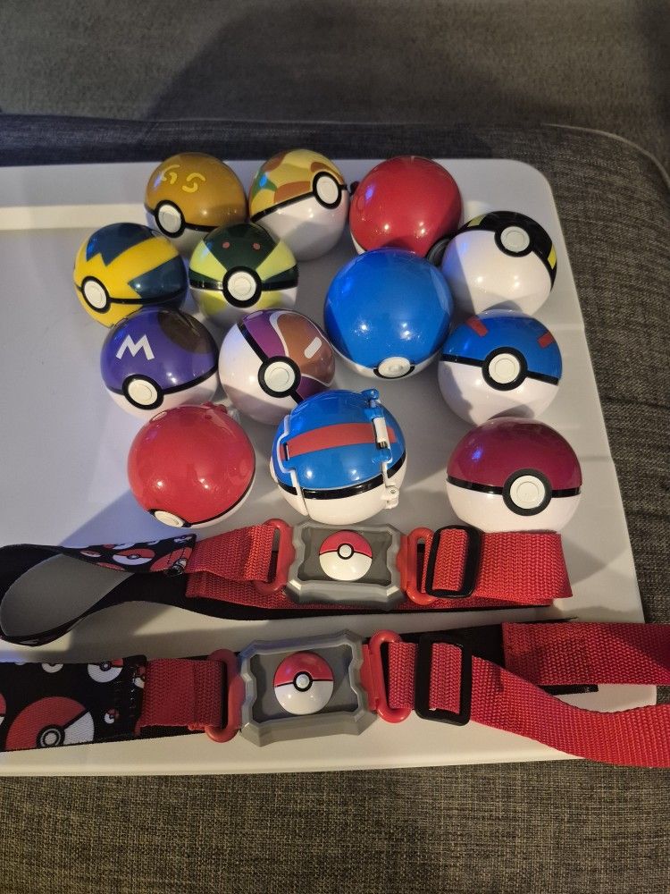 Set of pokeball and 2 belts
