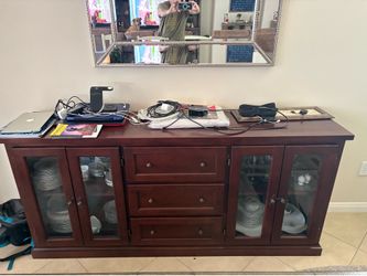 Wooden Sideboard with glass front and 3 large drawers