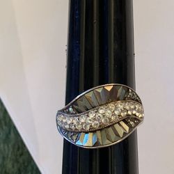 Asymmetric sterling silver rhinestone ring size 10