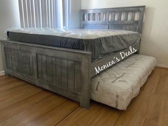 Queen Solid Wood Bed With Twin Roll Out Mattress $680