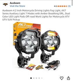 Auxbeam 4.2 Inch Motorcycle Driving Lights Fog Light, AX7 Series Auxiliary Light 7 Modes with Amber Breathing DRL, Dual Color LED Light Pods Off-road 