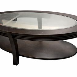 Modern Oval Glass Coffee Table – Solid Wood Frame