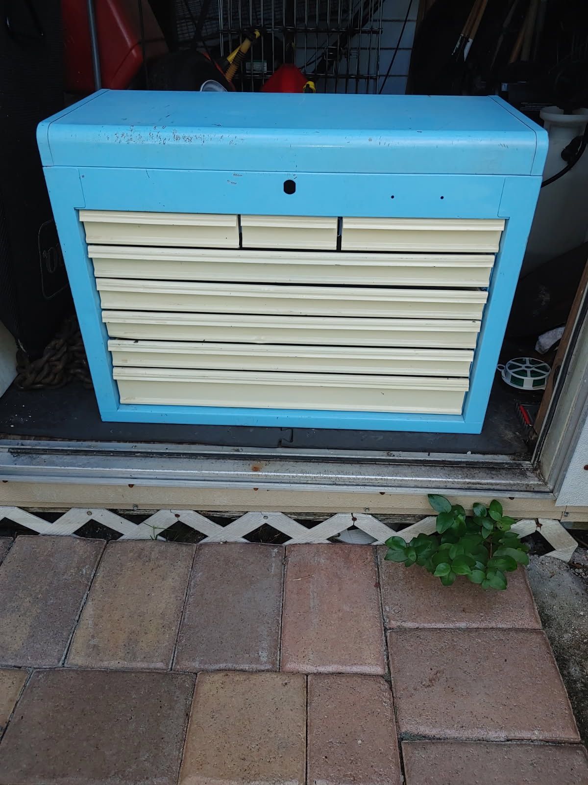 Preowned blue metal toolbox chest