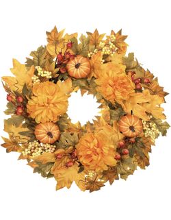 22 Inch Fall Wreath for Front Door, Artificial Autumn Leaves with Pumpkins