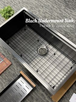 Super Discount PELHAM & WHITE 33”Black Undermount Sink, Durable 16-gauge steel with matte black finish. Comes with grid, drain, cutting board & dry