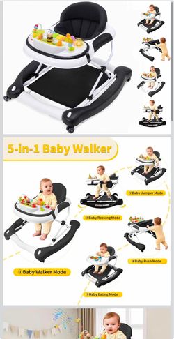 5 in 1 Baby Walker, Music and Lights Walker for Baby Boy Girls 6-12 Months, Foldable Baby Walkers with Wheels and Bouncer Combo Portable, Toddler Infa