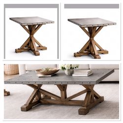 3pc Set Coffee Table  & 2 End Tables, solid wood base  and galvanized top, Nailhead Trim
