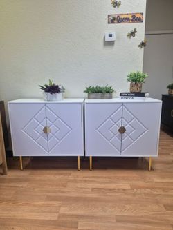 2 STUNNING OVERSIZE CABINETS OR NIGHTSTANDS IN WHITE GOLD 32X16X33 BRAND NEW