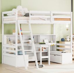 White Wooden Loft twin Bed with Desk and Storage 2 drawers NEW IN BOX 📦