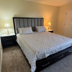 King size bed with 2 side table wood brown gray