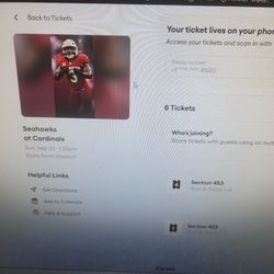 Arizona Cardinals Vs Seattle Seahawks  Sun Sept 20th 