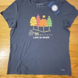 Life Is Good Fall Foliage Leaf Peeping Autumn Tree T-Shirt Dog Hiking Large New