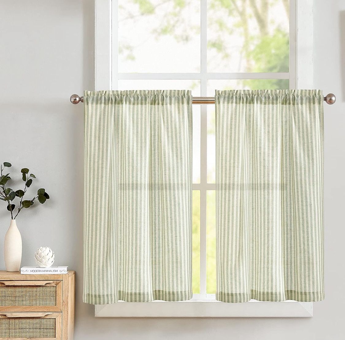 Lazzzy Kitchen Curtains Linen Striped Curtains Green Tier Curatins Cafe Curtains For Bathroom Kitchen Farmhouse Curtains 36 Inch Length Rod Pocket Win
