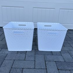 Set of 2 White Plastic Storage Baskets with Handles