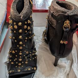 Black Leather And Gold studded Heels