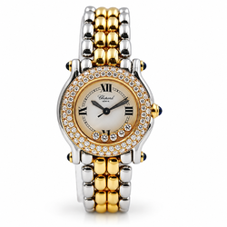 *Ladies Chopard 26mm Happy Sport Five Diamond 18K Yellow Gold / Stainless Steel Watch with White Dial and Diamond Bezel. (Pre-Owned 27/8251-23)