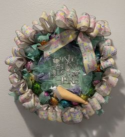 Easter Bunny Wreath - Pastel Green, Purple & Yellow Holiday Decor