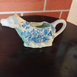Antique "Crown Devon" Staffordshire England Blue + White Floral Cow Creamer- Milk Jug c1920