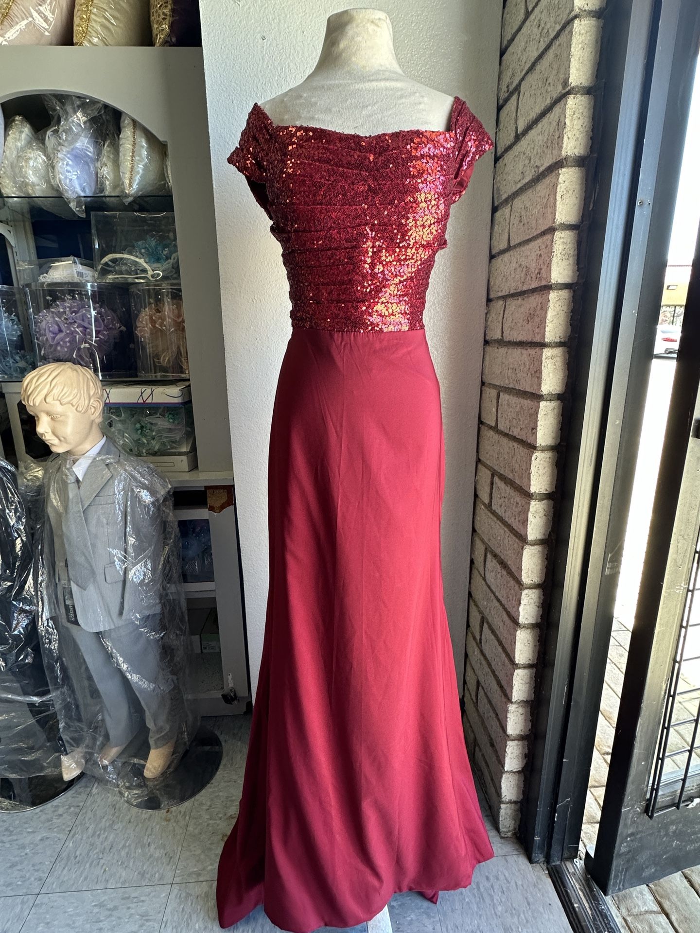 Prom Dress, Formal Gown, Red, Sequins,Burgundy Large