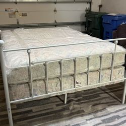 Queen Size mattress, Box Spring and White Bed frame