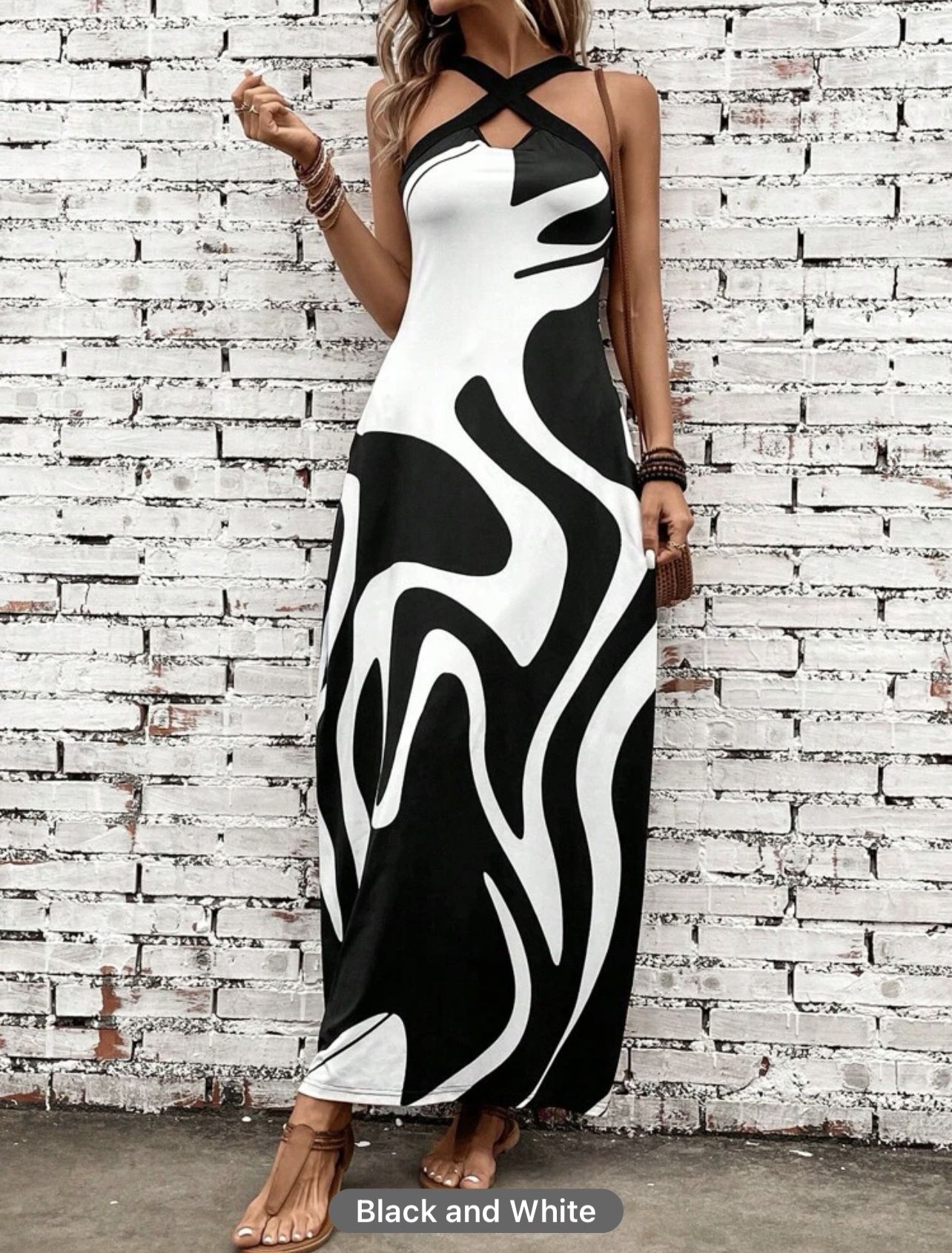 SEXY LUNE Graphic Print Criss Cross Halter Neck Hidden Pocket Maxi Dress *NEW*