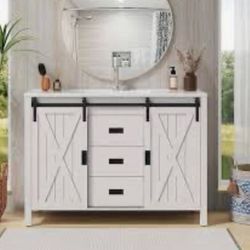 47.2 Inch Bathroom Vanity with Sink Combo, Farmhouse Sliding door,  (White) B-22