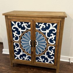 Decorative Wood Accent Cabinet with Blue Pattern Doors – Storage Console 
