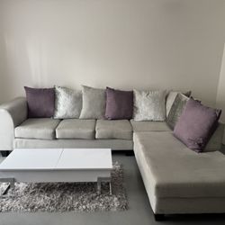 2 piece Wayfair couch sofa with chaise: purple, silver, and light gray