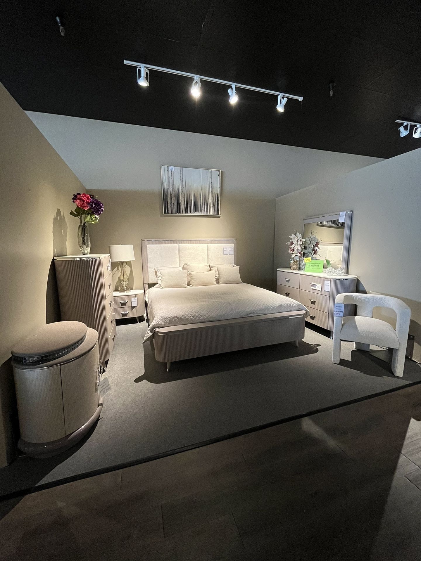 Grey King Bed, Dresser , Mirror And One Nightstand