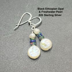 Ethiopian Genuine Black Fire Opal & Freshwater Pearl .925 Sterling Earrings