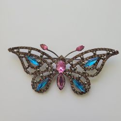 Vintage Brooch Pin Unsigned Large Butterfly Pink Blue Rhinestone 