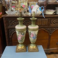Antique French Hand painted Pair Of Lamps Signed Brigerton Style 