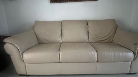 Beige Leather 3-Seat Sofa