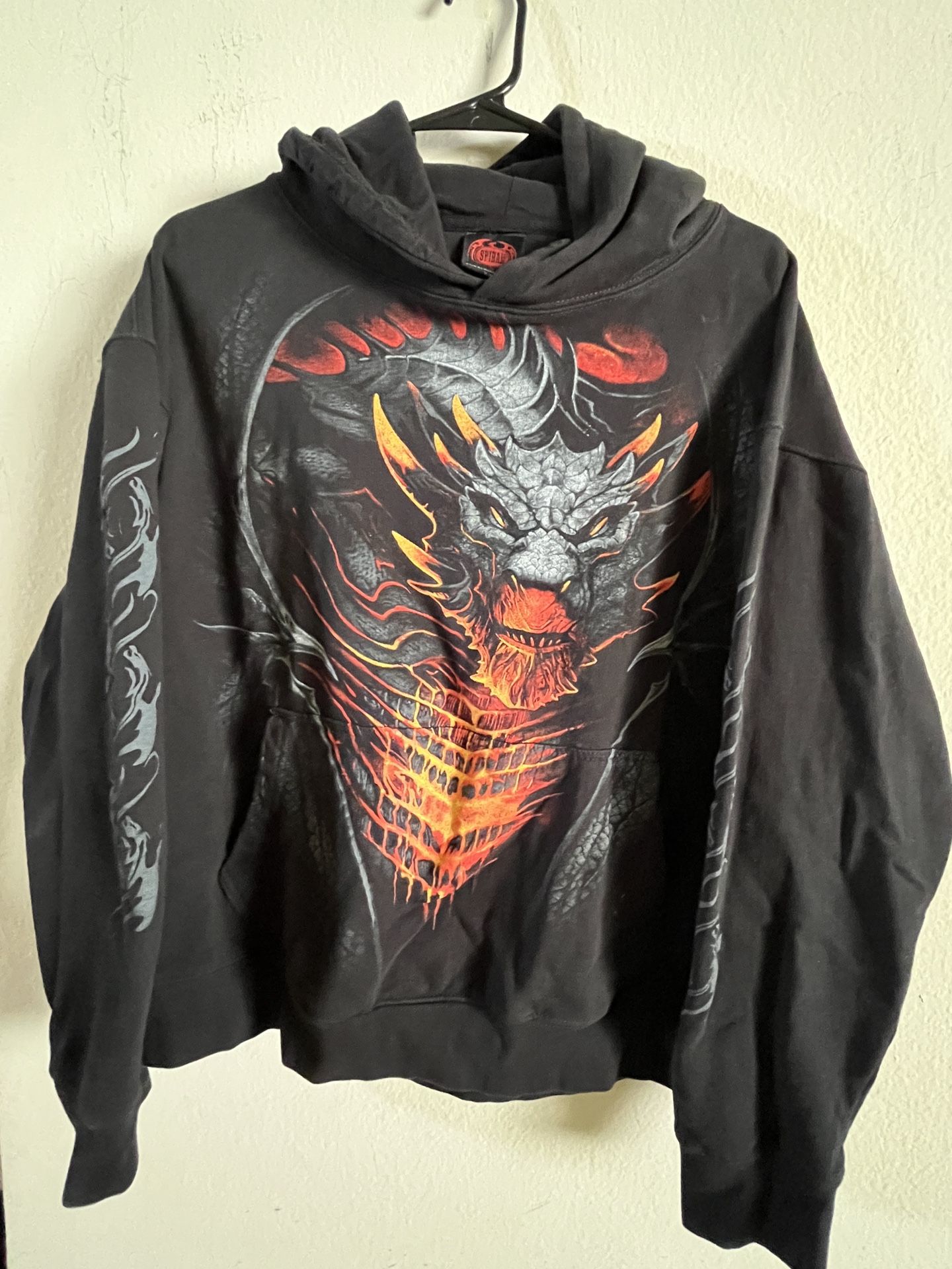 Spriral Dragon Hoodie Mens L Black 90S Flames Y2K Cyber Punk Goth Sweatshirt Vtg