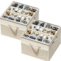 2 Pack Foldable Shoe Storage Organizer Box Bin with Adjustable Dividers and Clear Cover, Fits up to 16-32 Pairs