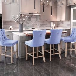 French Blue Velvet Bar Stool Chairs-Set of 4