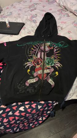 Ed Hardy Black Zip-Up Graphic rhinestone Hoodie