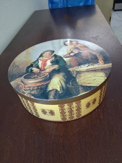 Vintage Round Decorative Tin with Classic Painting Lid