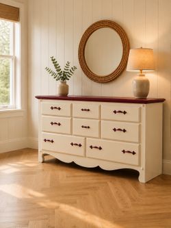 Beautiful Cream & Burgundy Wood Dresser – Refinished, Excellent Condition