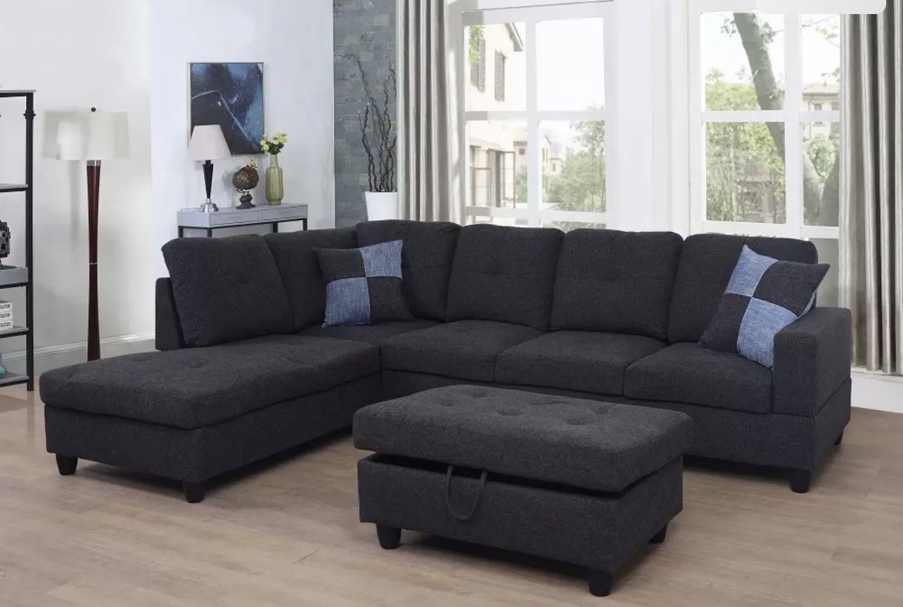 Black Gray Sectional Sofa With Ottoman 