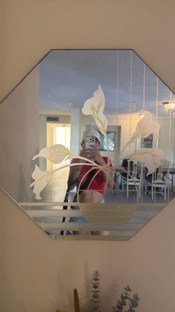 Vintage 80s Octagon Etched Mirror - Retro Gold Calla Lily Wall Art