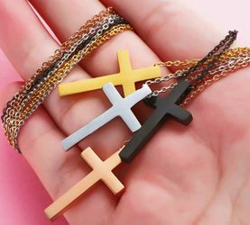 High-Quality Classic Stainless Steel Fashion 18" Rolo Necklace Simple Design Bar Engraved Mirrorr Cross Unisex Pendant In Gold/Silver/Rose-Gold