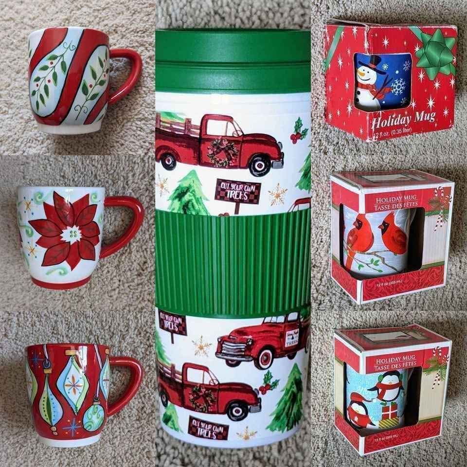Assorted Christmas themed holiday coffee tea hot cocoa cider mug mugs cup cups tumbler tumblers