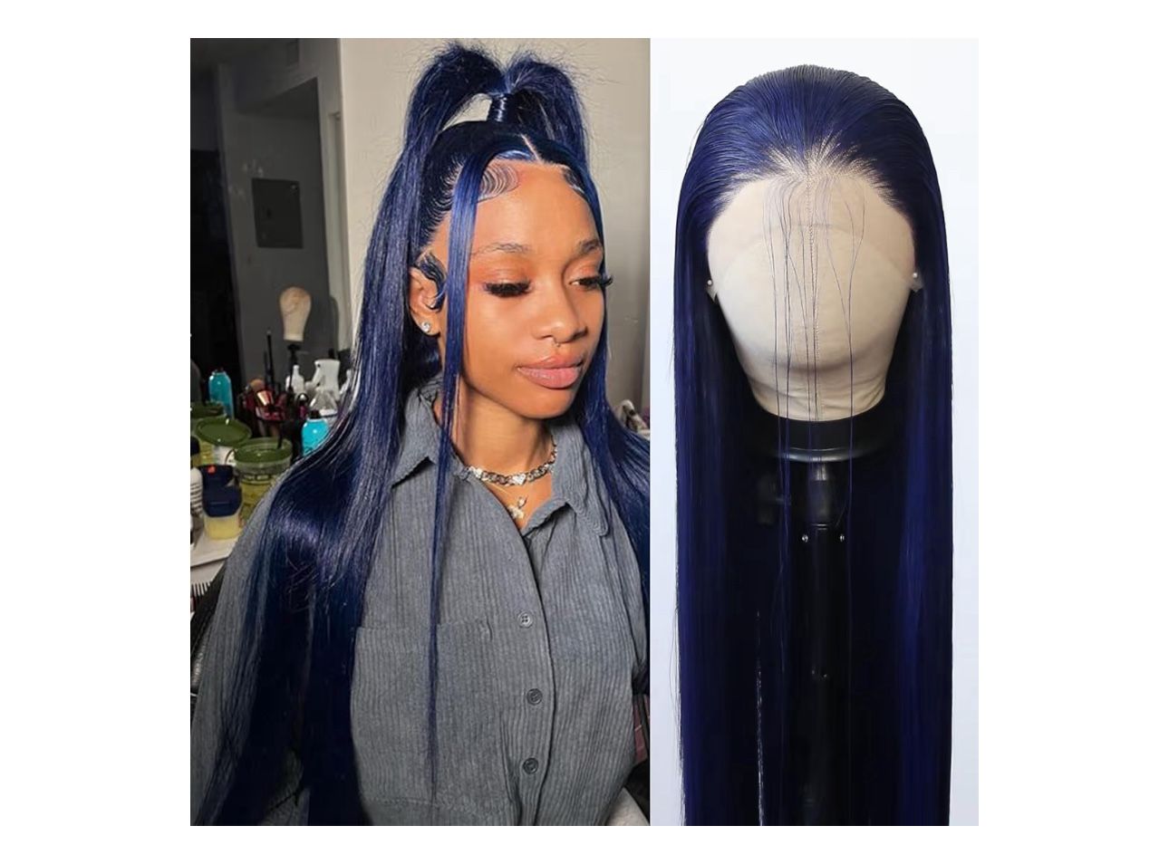 Dark Blue Wig Long Straight Navy Blue Synthetic Lace Front Wigs Pre Plucked Natural Hairline 28inch 603